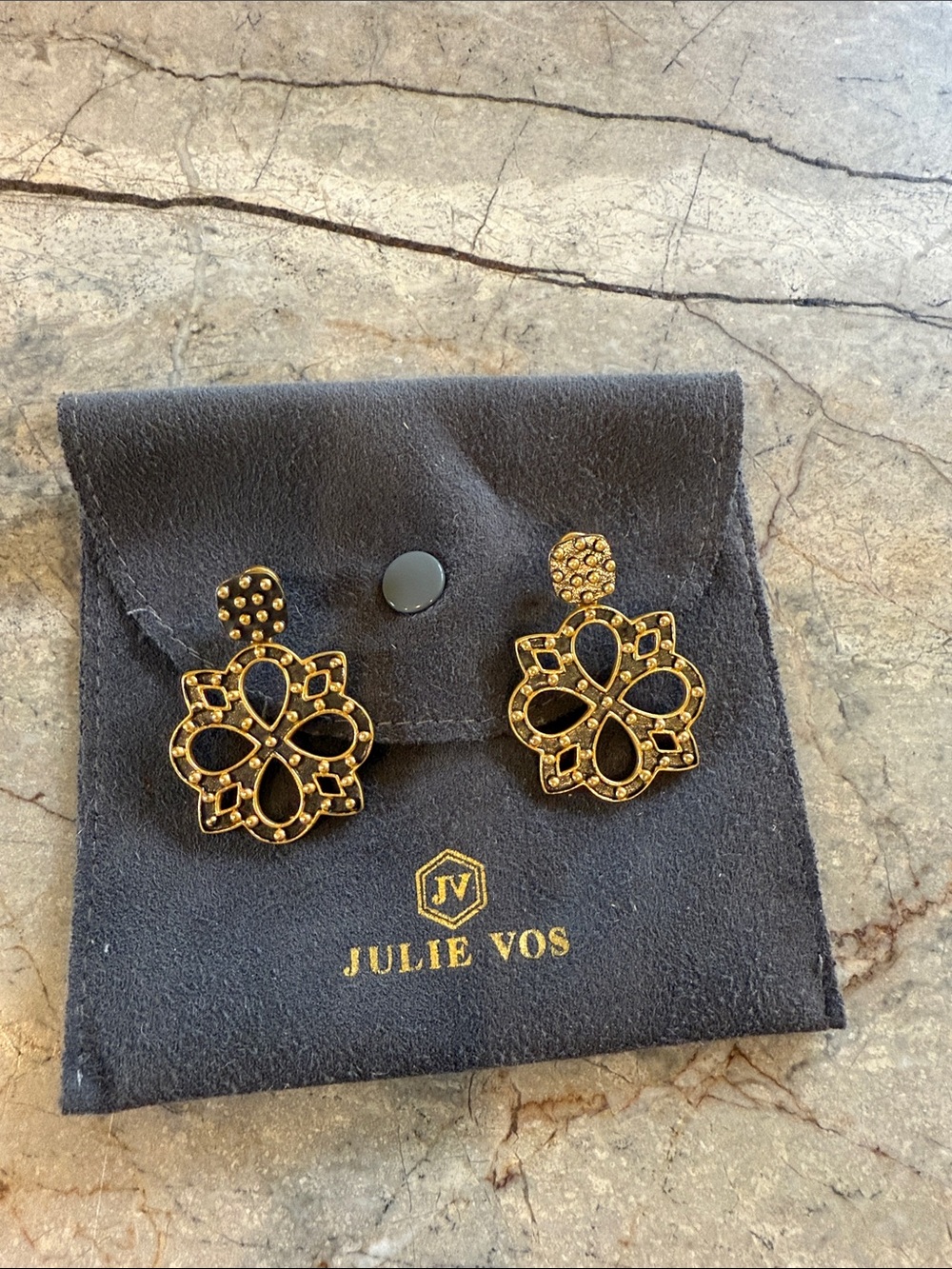 Julie Vos Black and Gold Floral Filigree Drop Earrings